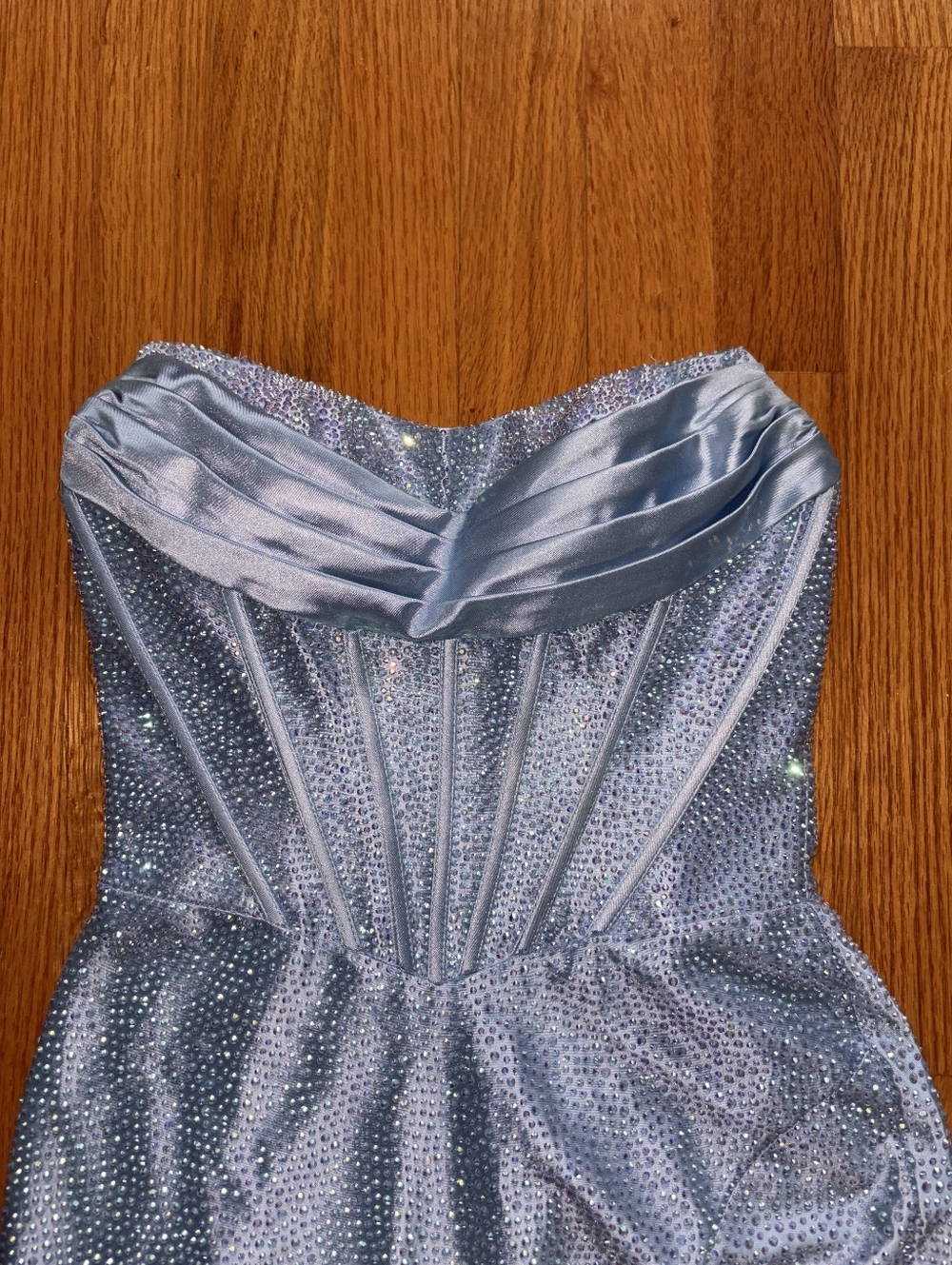 Sherri Hill 56992 Light Blue Sparkly Prom Dress Size 0 Corset Bodice Ruffle Hem